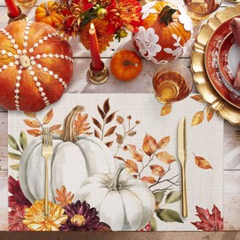 Fall Placemats Set of 6 White Pumpkin Table Mat Harvest Pumpkin Maple Leaf Thanksgiving Seasonal Place Mats for Home Party Autumn Table Decorations