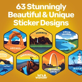 LET'S WANDER Original National Parks Water Bottle with 63 Waterproof Stickers - 32oz Leakproof Insulated Stainless Steel with Straw - USA Hiker Gift Bottle (Blue)