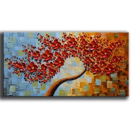 YaSheng Art -handpainted Contemporary Art Oil Painting On Canvas Texture Palette Knife Tree Paintings Modern Home Decor Wall Art 3D Red Flowers Paintings Ready to hang 20x40inch