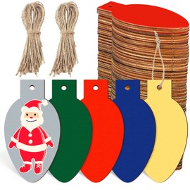 50 Pcs Christmas Unfinished Wooden Light Bulb Wooden Slices Blank Christmas Wooden Hanging Decorations with Rope Unfinished Predrilled Wooden Discs for Christmas Crafts DIY Decoration (Multi Colors)