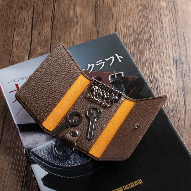 HANATORA PKC Genuine Leather Key Case, Trifold, 2 Buttons, 6