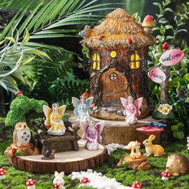 Leyndo 28 Pcs Solar House Garden Accessories Fairy Light up Fairy Figures Garden Kit Resin Miniature Mushroom House Figures Micro Landscape Ornaments(Retro)