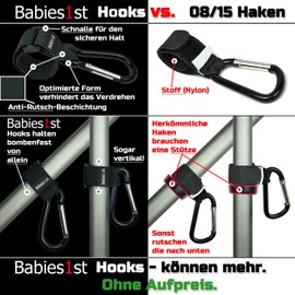 Pram Hook for Changing Bag, Non-Slip Pram Hook, Carabiner Pram Attachment for Changing Backpack, Babies1st Premium Pram Accessories, Pack of 2