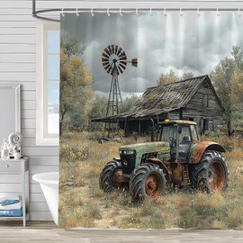 Farmhouse Old Truck Shower Curtain Rustic Wooden Barn Windmill Vintage American Classic Antique Car Farm Tractor Fashion Fabric Bathroom Decor Accessories Set with Hooks 70W x 70H inch