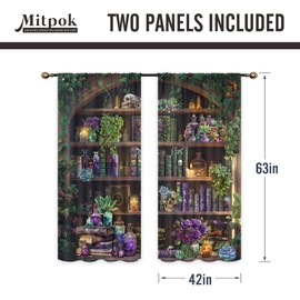 Mitpok Gothic Skull Curtains for Bedroom 42Wx63H Inch Rod Pocket Vintage Witchy Spooky Retro Wizard Magic Bookshelf Black Mysterious Succulent Plant 2 Panel Window Treatment Set for Living Room Decor
