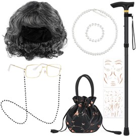 Matiniy 8 Pieces Granny Cosplay Costume Accessories Set Include Wig Glasses Necklace Bracelet Glasses Chain Bag Cane and Stickers for Women Granny Dress Up (Style6)