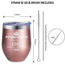 COFOZA 1985 40th Birthday Gifts for Man Woman 12 Ounce Stainless Steel Wine Tumbler Vacuum Insulated Cup 40 Years Birthday Anniversary Present with Sliding Lid Straw and Brush (Rose Gold)
