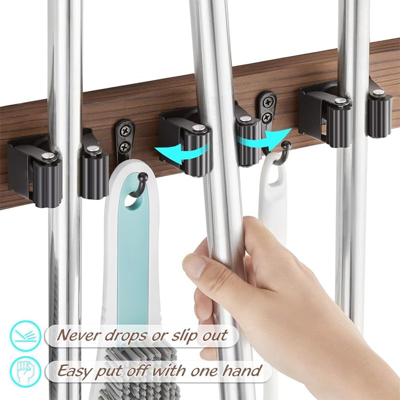 Mop Broom Holder Wall Mount, Wood Broom Mop Hanger, Wall