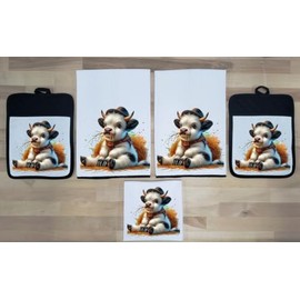 Liberty Flags & Gifts 5 Piece Set - 2 - Waffle Weave Towels and 2 - Pocket Pot Holder - 1 - Wash Cloth - Highland Cow Calf - DZ001-BK5pc