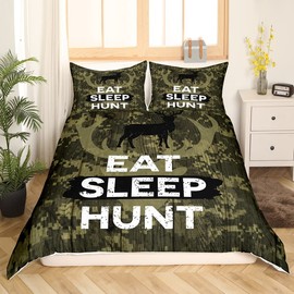 Hunting Green Camouflage Bedding Set Single Size, Eat Sleep Hunt Print Duvet Cover for Children Boys Bed Comforter Set, Retro Deer Silhouette Antlers Bedding Quilt Cover Set Decorative 2 Pieces