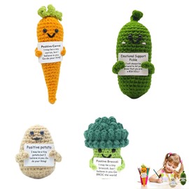 Emotional Support Plush Set – 4-Piece Knitted Vegetable Dolls with Positive Messages, Includes Carrot, Cucumber, Potato & Broccoli, Soft Yarn Material, Ideal for Desk Decor, Gifts & Stress R