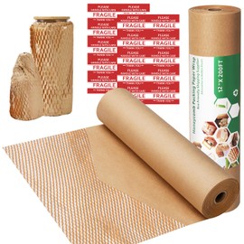 Honeycomb Packing Paper Wrap 12"x200' Recycled Bubble Cushioning Wrap Roll Eco Friendly Shipping Boxes Moving Wrap Packing Supplies Material with 20 Fragile Sticker Labels