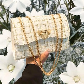 Vertex Prime Chic Fashionable Stylish Houndstooth Woolen Shoulder Bag for Women - Trendy Chain Cross-body Bag for Women, Perfect for School & Everyday Use (White)