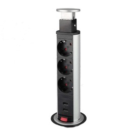 Retractable 3-Way Pop Up Table Socket Outlet - For EU Plugs - Round Kitchen / Office Socket Element