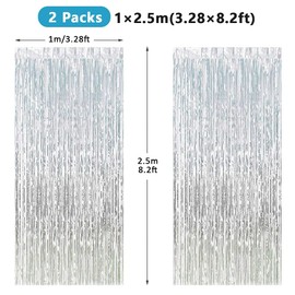 Feibmir 2 pcs 1mx2.5m Tinsel Foil Fringe Curtains,Birthday Party Wedding Baby Shower Decorations,Metallic Photo Booth Backdrop (Silver)