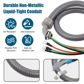 4FT Non-Metallic Liquid-Tight Conduit Kit, 1/2" Pre-Wired Electrical Whip with 3×10AWG THHN Copper Wires & Pre-Installed Terminals, 90° & Straight Connectors, Outdoor HVAC A/C Wiring