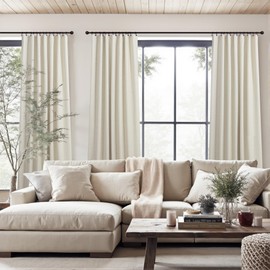 Flax Linen Blackout Living Room Curtain 84 Inch Long 2 Panel Tan Beige Black Out Burlap Farmhouse Insulated Thermal Curtain for Summer Heat Nursery Room Darkening Drapes Bedroom Back Tab 52x84 Length