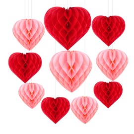 Heart Honeycomb Ball Decorations,Ompinda 10 Pcs Red and LightPink Hanging Paper Pom Poms Honeycomb Romantic Decorations for Anniversary Wedding Engagement Proposal Party