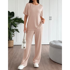 Ekouaer Lounge Set for Women 2 Piece Sets Outfits Top and Long Pants Ribbed Textured Knit Matching Pajamas with Pockets Light Khaki