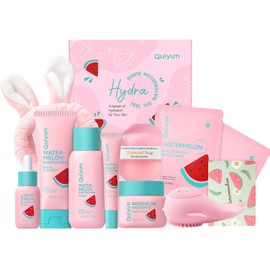 QUIYUM Kit De Cuidado Facial De Sandía Para Chicas Adolescentes, 7 Sets De Belleza Para La Rutina Diaria - Set De Regalo Con Limpiador Facial, Tónico, Crema Para Ojos, Crema Hidratante, Sérum, Mascari