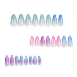 Colorful Press on Nails Almond Medium Fake Nails wite Glitter Designs Rainbow False Nails Summer Acrylic Nails Glossy Glue on Nails Cute Artificial Nails Reusable Stick on Nails for Women 24 Pcs