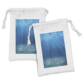 Ambesonne Ocean Fabric Pouch Set of 2, Sun Rays Bursting into Deep Under Sea Wilderness Scenery Waterscape Picture Print, Small Drawstring Bag for Toiletries Masks and Favors, 9" x 6", Blue Turquoise