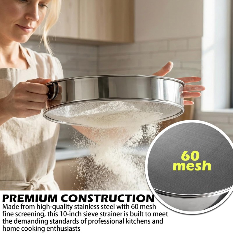 Fine Mesh Sieve Strainer,10" Stainless Steel 60 Mesh,for Winco 10"