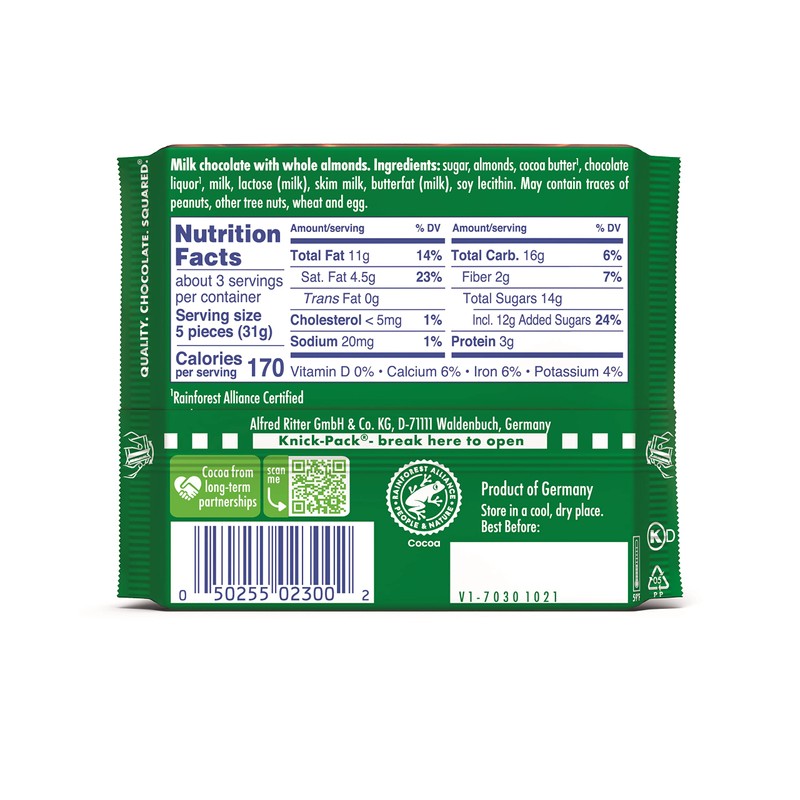 Ritter Sport Milk Chocolate with Whole Almonds, 3.5 Ounce Bar,