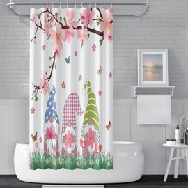 ChloropLastid Floral Shower Curtain Pink Cherry Blossom Gnomes Bath Curtains Butterflies Daisy Bathroom Decor Peach Tree Polyester Waterproof Fabric Shower Curtains Set with Hooks 72" Wx72 H