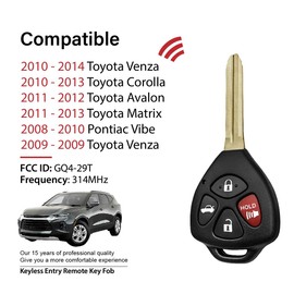 Keylessbest Key Fob Remote Replacement for 2012 2013 2014 Toyota Venza Corolla Avalon 4 Buttons 314MHz GQ4-29T,Black (2)