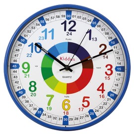 Kiddus Kid’s Wall Clock Analogue Time Teacher with Time Learning Exercises, Silent Clock, Multiple Languages, German, XL Blue