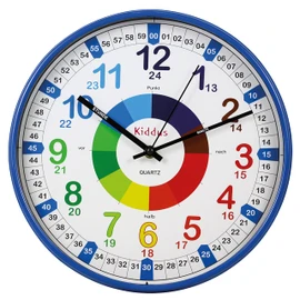 Kiddus Kid’s Wall Clock Analogue Time Teacher with Time Learning Exercises, Silent Clock, Multiple Languages, German, XL Blue