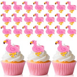 24 PCS Flamingo Cupcake Toppers Cupcake Rings Birthday Cupcake Toppers Tropical Flamingo Theme Cupcake Picks for Baby Shower Hawaiian Luau Aloha Summer Party