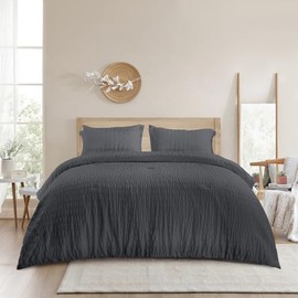 HNU 7-Piece Bed-in-A-Bag Modern & Contemporary Style Fluffy Comforter Set King Size | Textured Striped Stitched Pattern Premium Bedding | Charcoal Grey Colors Glam | 100% Washed Polyester Plush Comfy