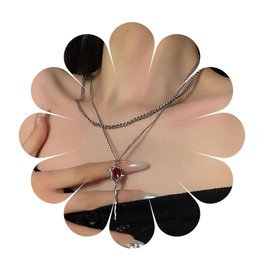 Inilbran Punk Layered Ruby Stick Necklace Vintage Ruby Scepter Pendant Necklace Silver Stick Choker Necklace Gothic Red Crystal Bar Necklace Chain Jewellery for Women and Girls, Zinc