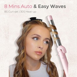 Rotating Automatic Curling Iron for Beach Waves - TYMO Curling Wand for Long Hair, Extra Long Barrel Ceramic Hair Curler for Women, 40M Ionic & Dual Voltage, 5 Temps & 30s Heat-up, 1.25 Inch, Pink