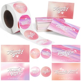 Thank You Cards & Stickers Set, 600 Pieces include 100 Thank You Cards & 500 Thank You Roll Labels for Envelope, Thanks for Supporting My Small Business Packaging Supplies - Pink Serie for Women's Day