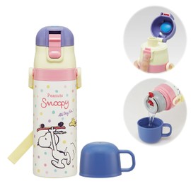 Skater SKDC4 Children's Stainless Steel Water Bottle, 2-Way Direct Drinking, 16.5 fl oz (470 ml), Cup Drinking, 15.2 fl oz (430 ml), Lightweight Type, Snoopy Skateboard, Thermal, Cold Insulation,