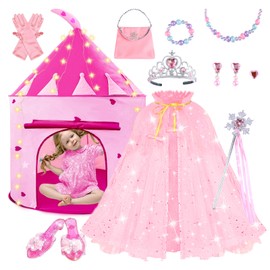 WTOR 15Pcs Princess Castle Play Tent Dress Up with LED Glow in The Dark Stars for Little Girls－Princess Dress Up Cape with Crown,Girl Play Tent/House Toy for Indoor & Outdoor Use