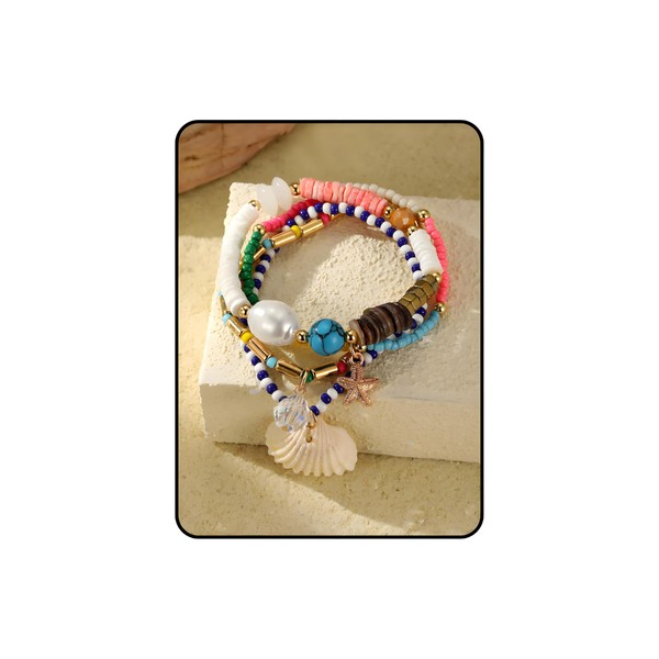 Seashell Bracelet For Women, 4Pcs Colorful Beads Stack Summer Beach