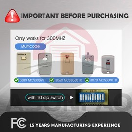 3 for Multi Code Gate Opener Remote 3089 MCS308911,3060 MCS306010,3070 MCS307010 Multicode Garage Door Opener, 3-Year-Warranty