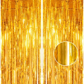 2pcs 3.2 x 8.3ft Glitter Gold Tinsel Curtain Foil Curtain Decorations Metallic Tinsel Door Hanging Foil Flow Silk Streamers Photo Backdrop Decoration for Christmas Graduation Newyears Wall Streamers