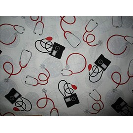 Fat Quarter (18 x 22) Nurse Doctor STETHOSCOP Blood Pressure Items White Black RED Cotton Fabric FQ