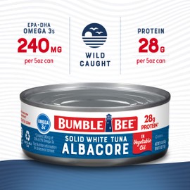 Bumble Bee Solid White Albacore Tuna in Oil, 5 oz Can (Pack of 24) - Wild Caught Tuna - 28g Protein per Serving, High in Omega-3s - Non-GMO Project Verified, Gluten Free, Kosher
