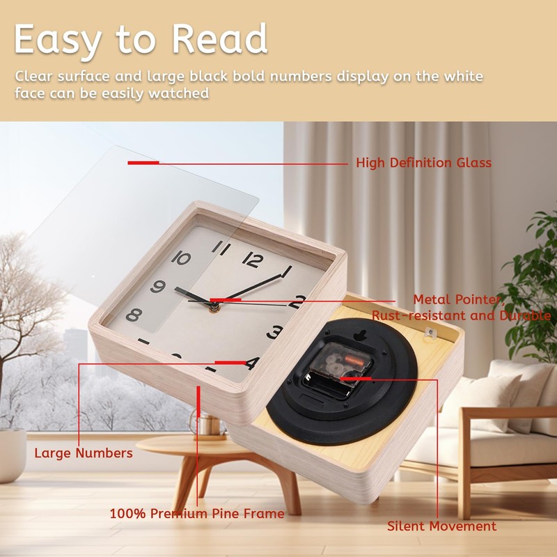 Maxspace Wooden Wall Clock, 8 Inch Non-Ticking Silent Square Wall