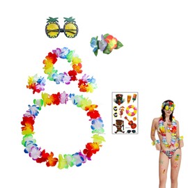 Niwieoi 7 Pcs Hawaiian Fancy Dress,Hawaiian Fancy Dress Women,Flower Necklace Hawaii,Hibiscus Hair Clip, Pineapple for Adults Fancy Dress Supplies Party Summer Beach Tropical Party Decoration
