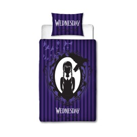 Character World Wednesday - Set copripiumino singolo ufficiale, design destinato, reversibile, su 2 lati, con federa coordinata, set per letto singolo, in policotone viola