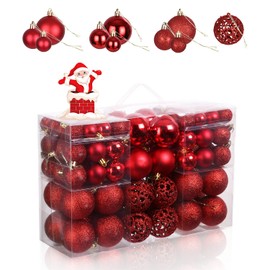 Birshe Set of 100 Plastic Christmas Tree Decorations, Red, Christmas Baubles Set, Unbreakable Christmas Tree Bauble Decoration, Tree Decoration for Christmas Tree, Indoor and Outdoor Use