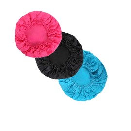 Gorras para baño, ducha, regadera impermeables y reutilizables con plástico grueso y resorte para el cuidado del cabello con tamaño único, cómodo y seguro, que se adapta a la mayoría de las cabezas y tipos de cabello, 3 piezas (Rosa, negro, azul)