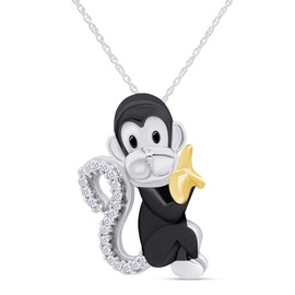 Monkey Animal Pendant Necklace Round Cut Black and White Accent Natural Diamond in 14k Yellow Gold Over Sterling Silver, 18" Chain (Black And White Color, I3 Clarity, 0.03 Cttw)